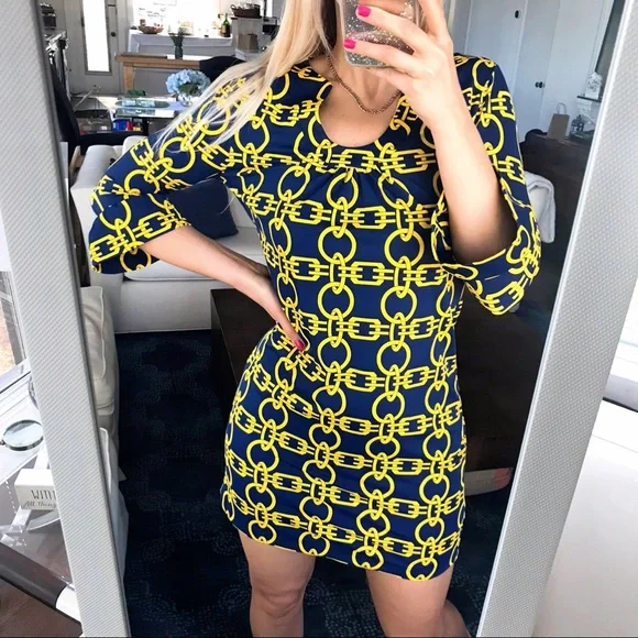 💫 ARYEH ANTHROPOLOGY YELLOW CHAIN DARK BLUE DRESS